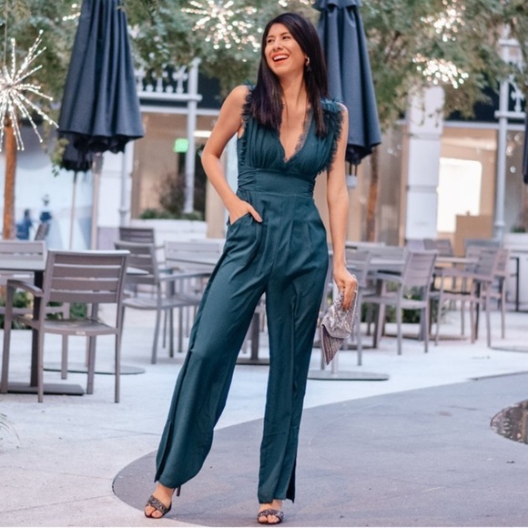 Francesca’s Teal Blue Mira Eyelash Lace Plunge Neckline Wide Leg Jumpsuit Sz XS - Picture 14 of 15